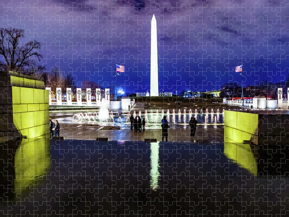 World War Ii Memorial Jigsaw Puzzle featuring the digital art World War II Memorial with the Washington Monument in the background by SnapHappy Photos