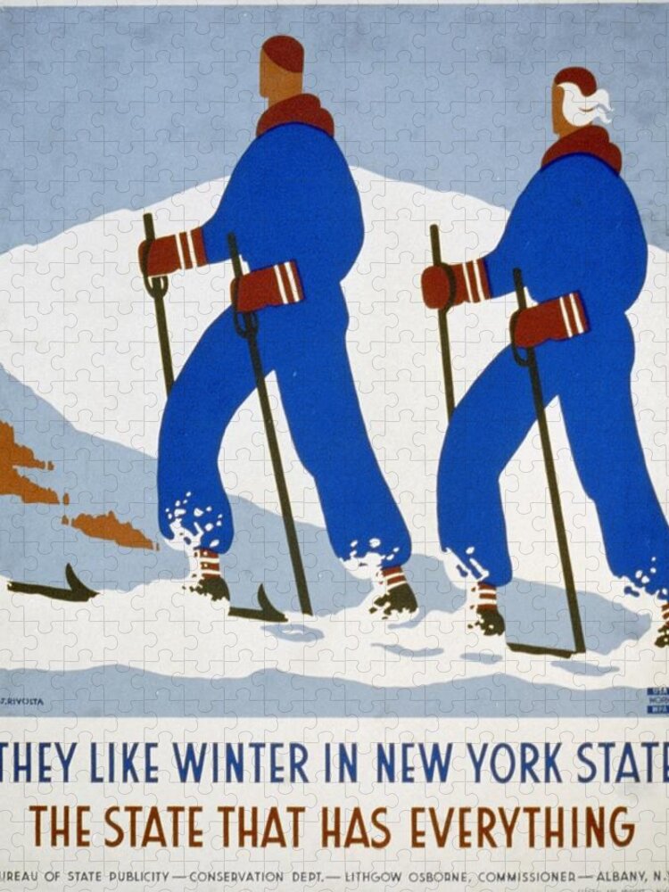 Winter Jigsaw Puzzle featuring the drawing WPA They like Winter in New York State c.1936-41 skiing by Jack Rivolta