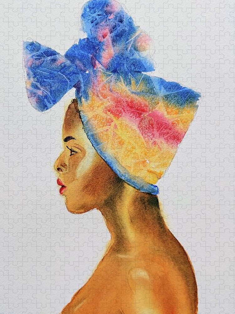 Black Woman Jigsaw Puzzle featuring the painting Wrapped by Sandie Croft