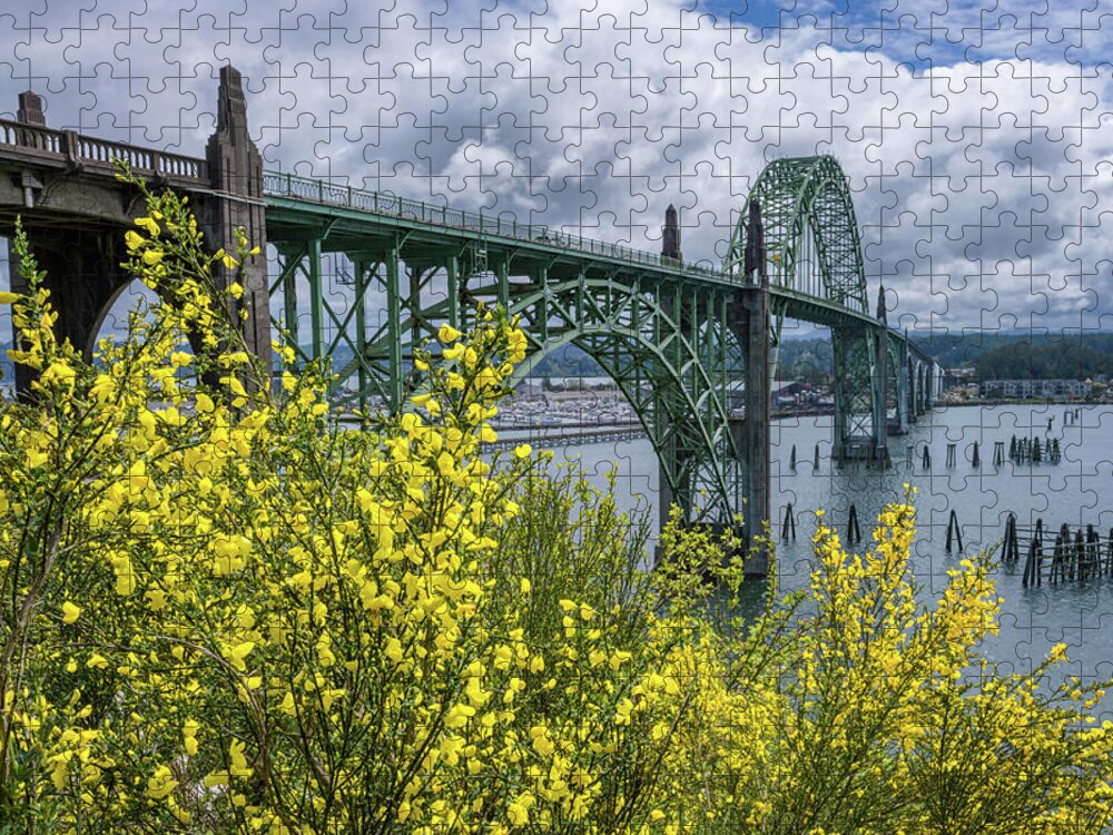 Newport Jigsaw Puzzle featuring the photograph Yaquina Bay Bridge Scotch Broom Blooms by Darren White