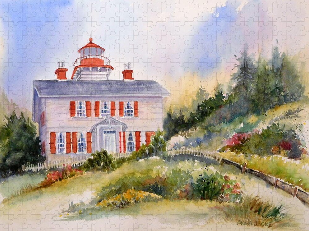 Oregon Lighthouse Jigsaw Puzzle featuring the painting Yaquina Bay Light by Anna Jacke