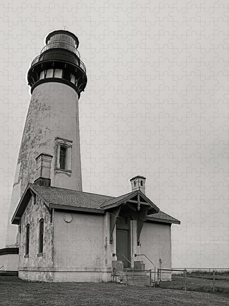 Yaquina Head Jigsaw Puzzle featuring the photograph Yaquina Head Lighthouse in BW by Cathy Anderson