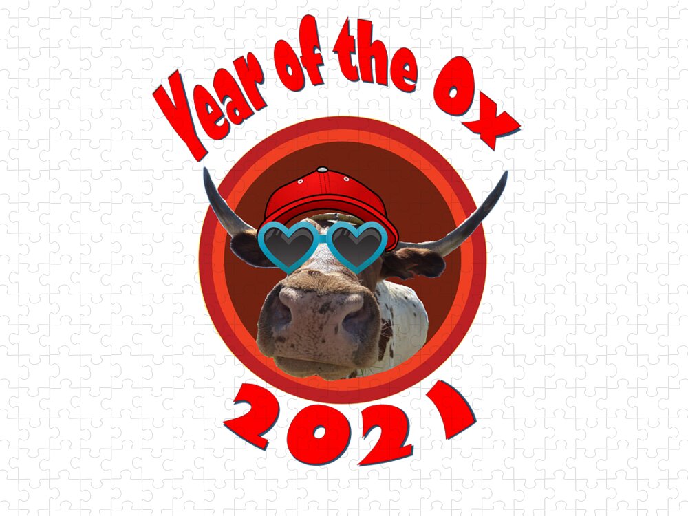 Ox Jigsaw Puzzle featuring the digital art Year of the Ox Red Hat and Sunglasses Transparent Background by Ali Baucom