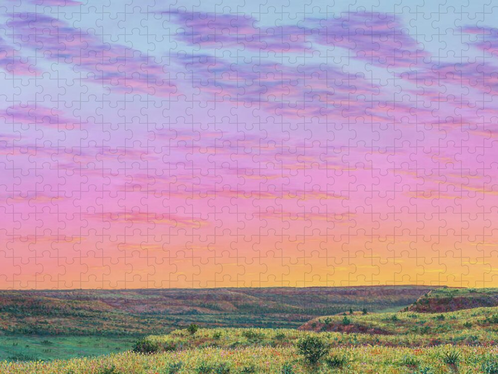 Sunset Jigsaw Puzzle featuring the painting Yellowhouse Canyon Sunrise by James W Johnson