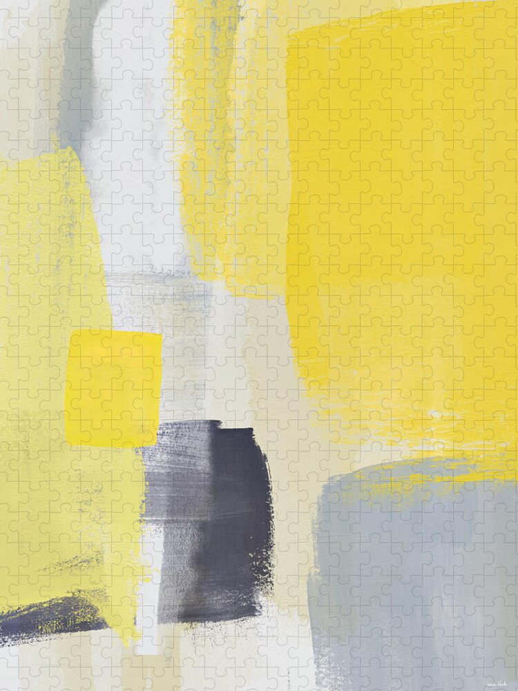 Abstract Jigsaw Puzzle featuring the mixed media Yellow and Gray Abstract 2- Art by Linda Woods by Linda Woods
