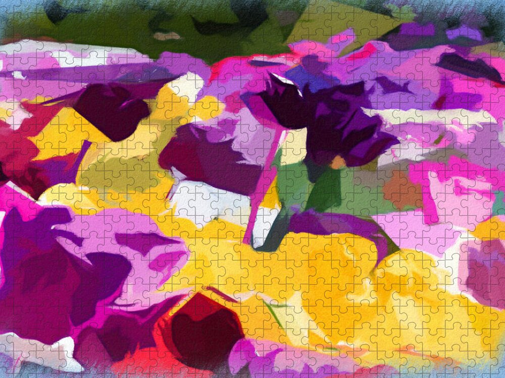 Abstract Jigsaw Puzzle featuring the digital art Yellow and Pink Abstract Flowers by Judi Hall