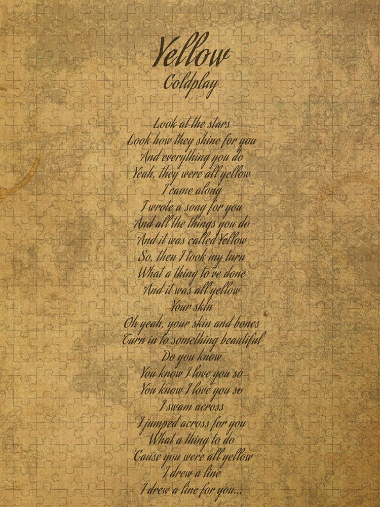 Yellow Jigsaw Puzzle featuring the mixed media Yellow by Coldplay Vintage Song Lyrics on Parchment by Design Turnpike