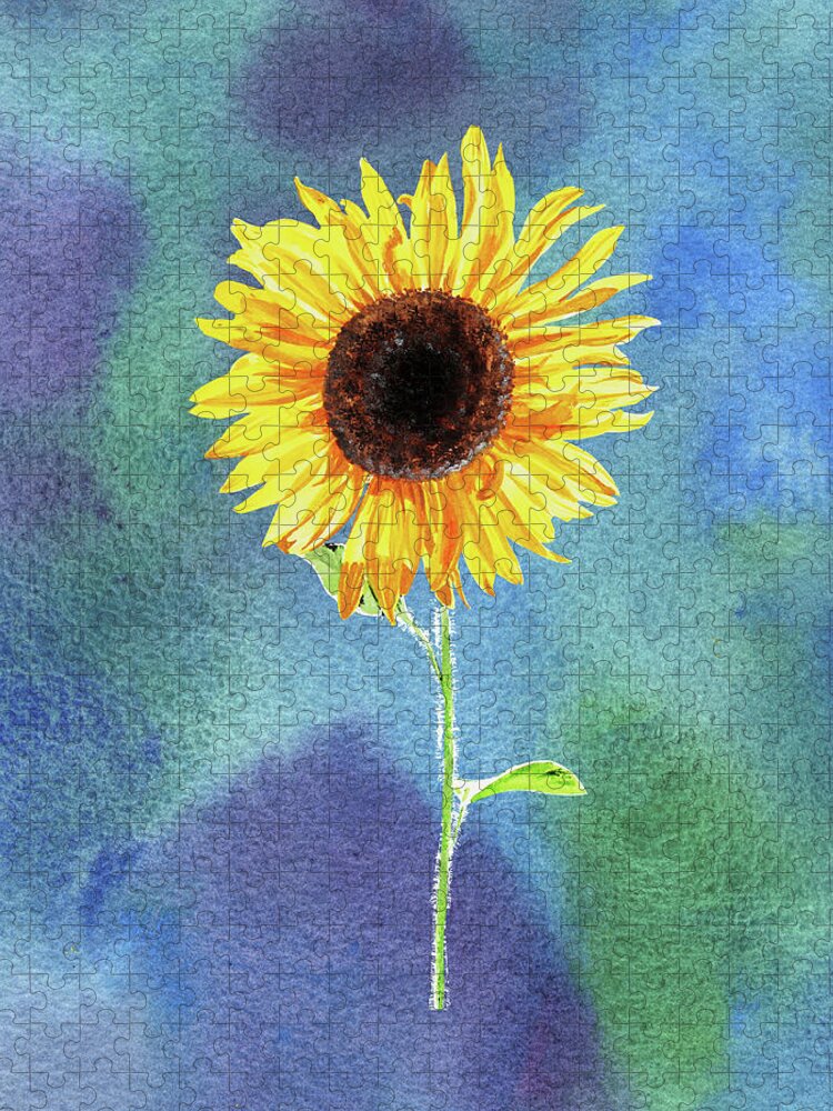Sunflower Jigsaw Puzzle featuring the painting Yellow Flower Happy Sunflower On Blue Emerald Watercolor III by Irina Sztukowski