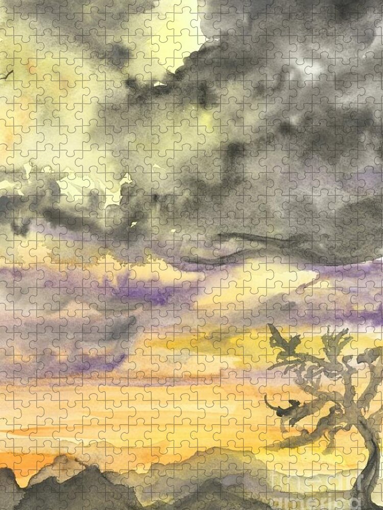 Yellow Watercolor Desert Sunset Painting Jigsaw Puzzle featuring the painting Yellow Mountain Sunset in Watercolor by Expressions By Stephanie