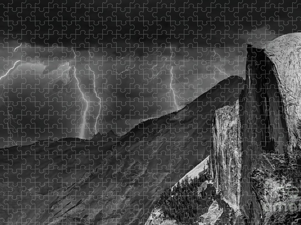 Yosemite Jigsaw Puzzle featuring the photograph Yosemite Half Dome LIghtning Landscape BW by Chuck Kuhn