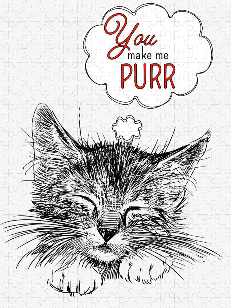 Cat Jigsaw Puzzle featuring the digital art You Make Me Purr Valentine's Cat Sketch with Red by Doreen Erhardt