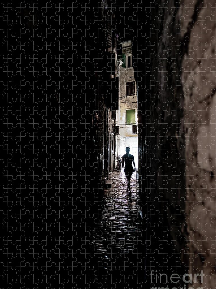 Jigsaw Puzzle featuring the photograph Young Woman Walks Alone Through Spooky Narrow Abandoned Alley In The Night by Andreas Berthold