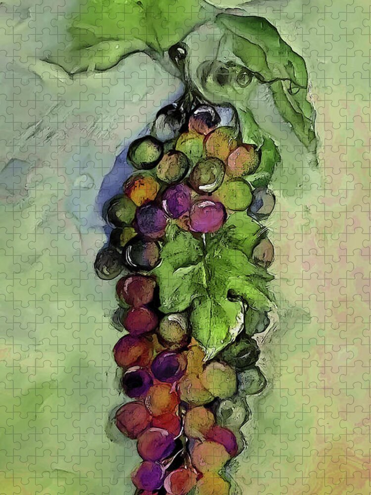 Watercolor Jigsaw Puzzle featuring the mixed media Yummy Grapes With Leaves by Lisa Kaiser
