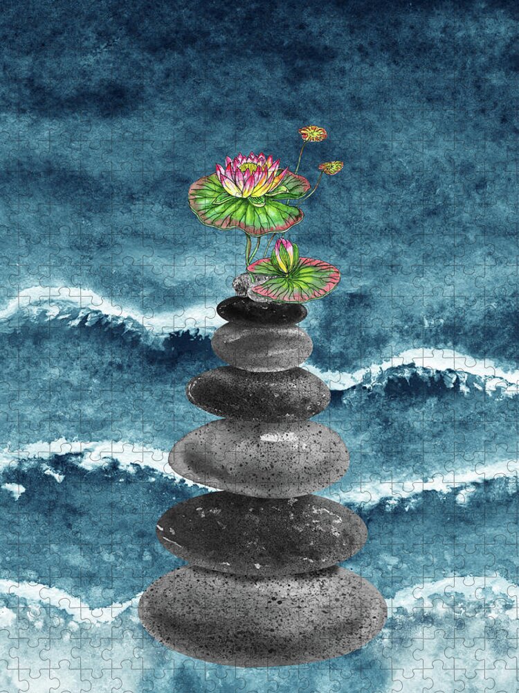 Zen Rocks Cairn Meditative Tower And Lotus Flower Watercolor Jigsaw Puzzle