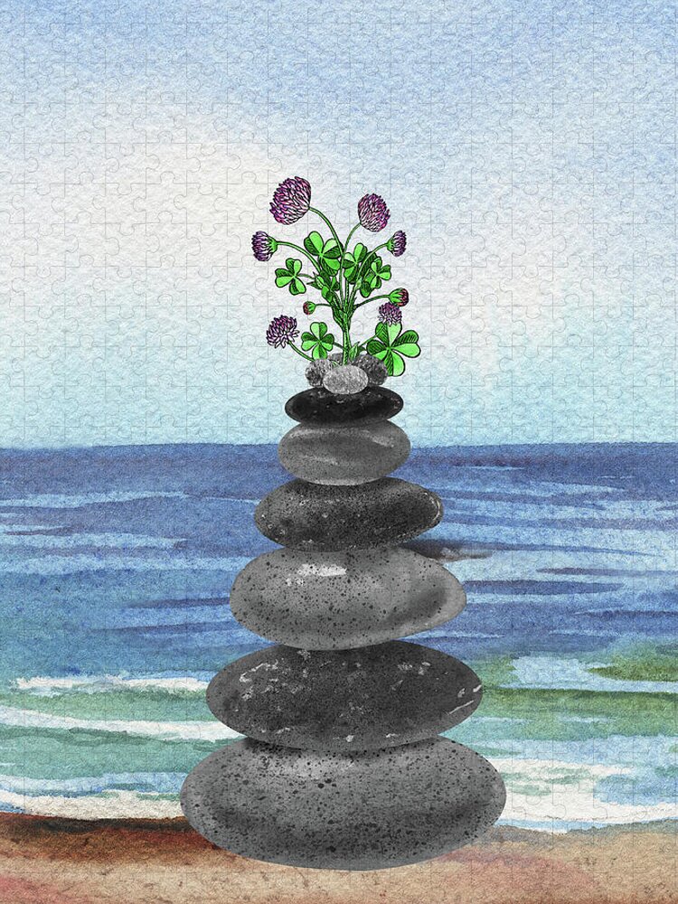 Zen Rocks Cairn Meditative Tower And Lucky Clover Flower Watercolor Jigsaw  Puzzle