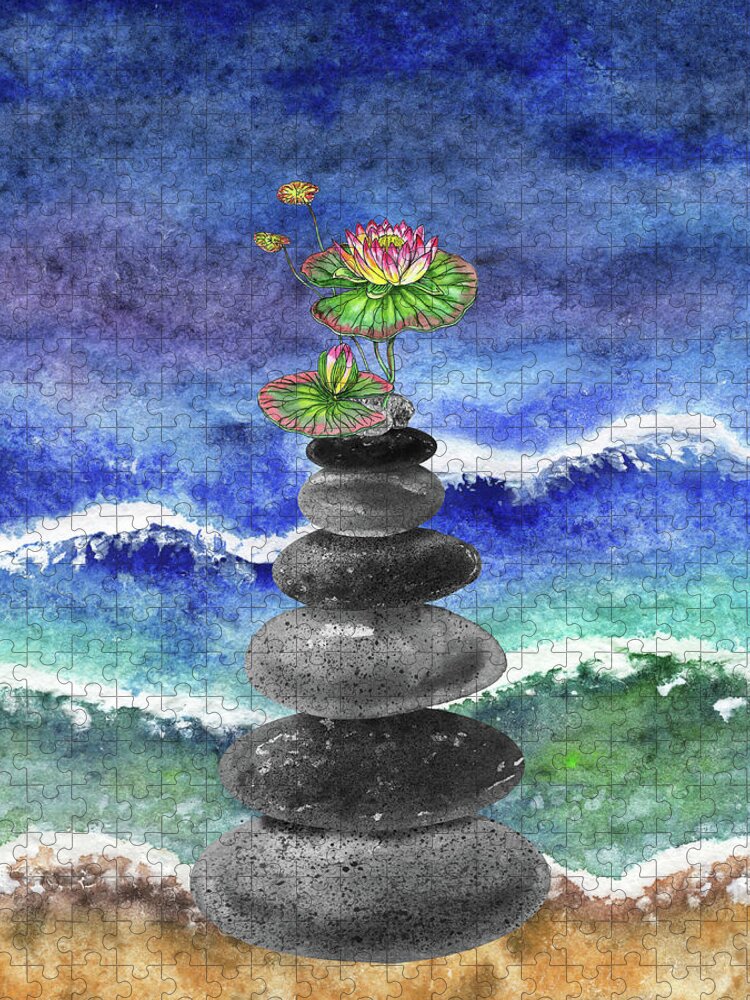 Zen Rocks Cairn Meditative Tower With Water Lily Flower Watercolor Jigsaw  Puzzle