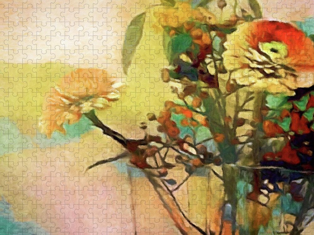 Zinnia Jigsaw Puzzle featuring the painting Zinnias from the Garden by Susan Maxwell Schmidt