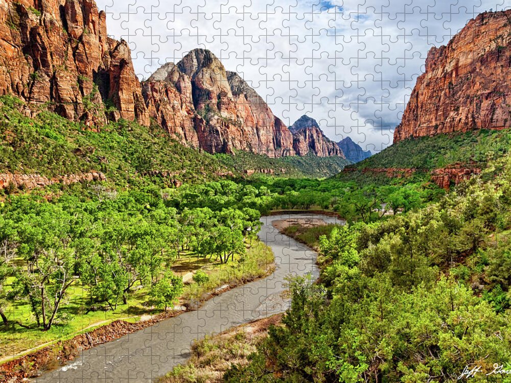 Arid Climate Jigsaw Puzzle featuring the photograph Zion Canyon and the Meandering Virgin River at Dusk by Jeff Goulden