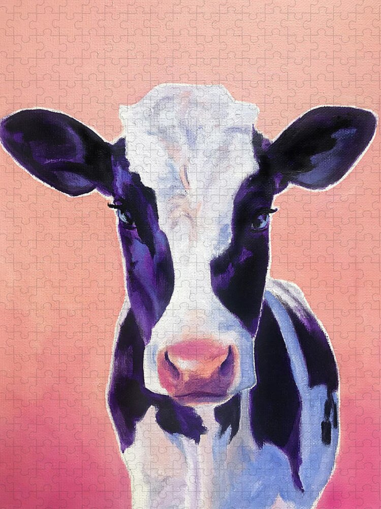 Cow Jigsaw Puzzle featuring the painting Zoey in Pink by DawgPainter