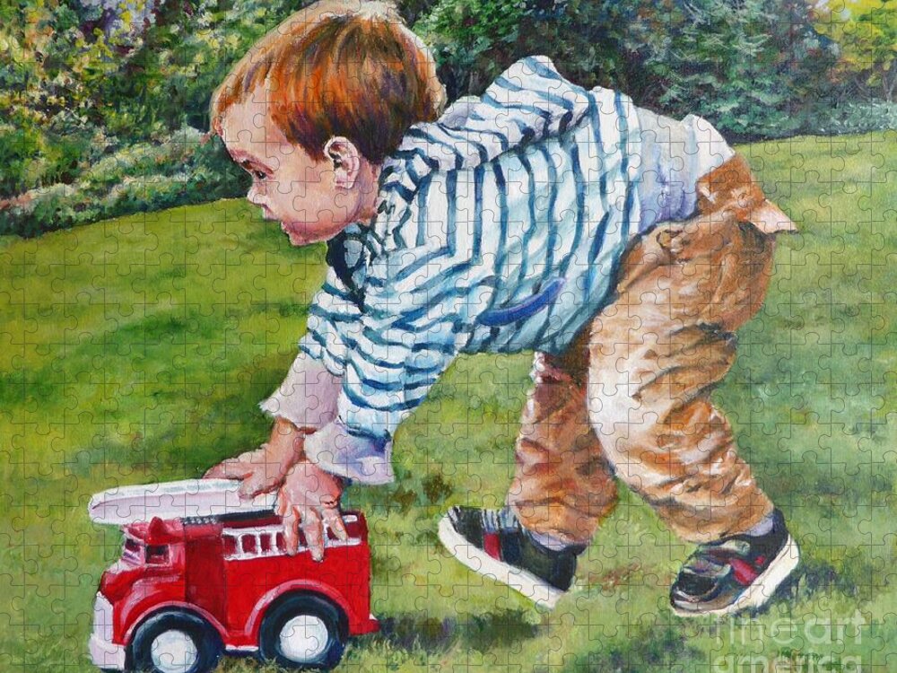 Child Jigsaw Puzzle featuring the painting Zoom Zoom...to the Rescue by Merana Cadorette