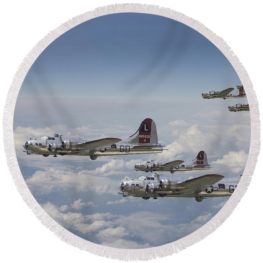 Aircraft Round Beach Towel featuring the digital art 381st Group Outbound by Pat Speirs