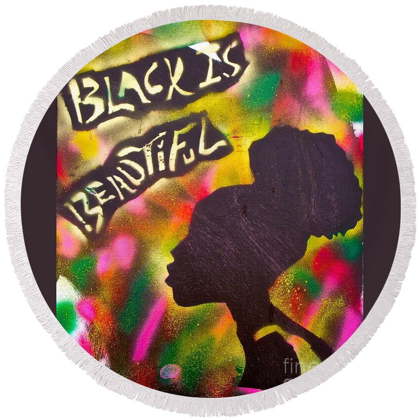 Black Round Beach Towel featuring the painting Black Is Beautiful Girl by Tony B Conscious