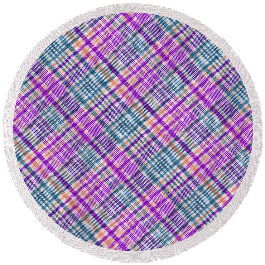 Plaid Round Beach Towel featuring the photograph Blue Purple Orange and White Plaid Design Background by Keith Webber Jr