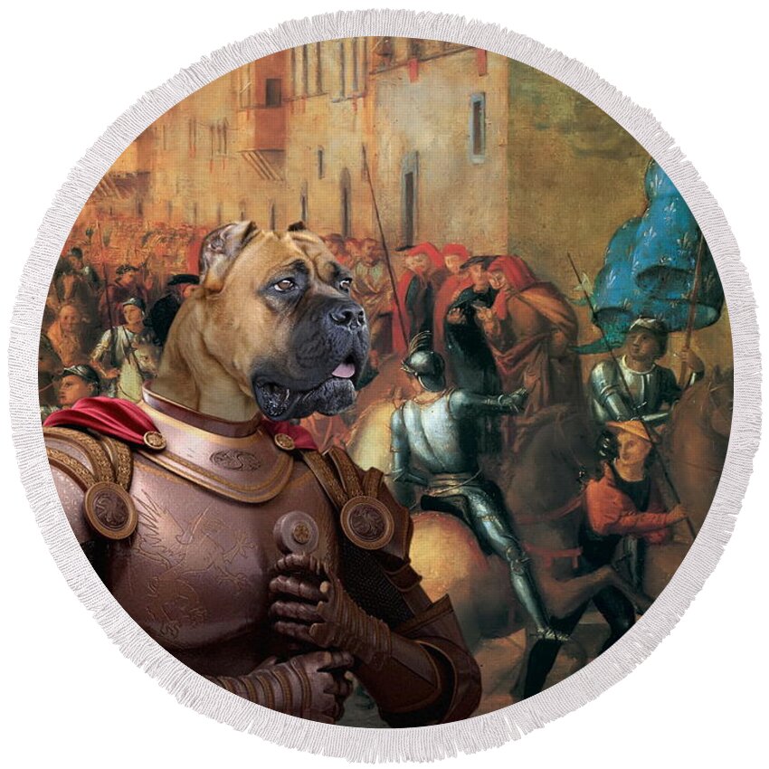 Cane Corso Round Beach Towel featuring the painting Cane Corso Art Canvas Print - Entree de Charles VIII dans Florence by Sandra Sij