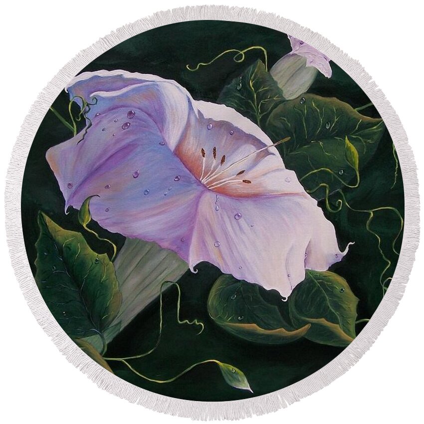 Flower Round Beach Towel featuring the painting First Trumpet Flower of Summer by Sharon Duguay