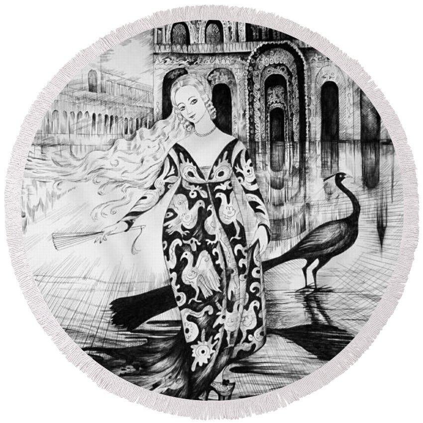 Pen And Ink Round Beach Towel featuring the drawing Italian Fantasies.Venice. Acqua alta by Anna Duyunova