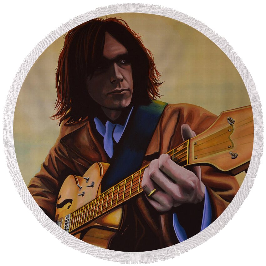 Neil Young Round Beach Towel featuring the painting Neil Young Painting by Paul Meijering