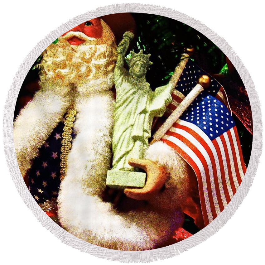 Santa Holding American Flag Round Beach Towel featuring the photograph Patriotic Santa by Joan Reese