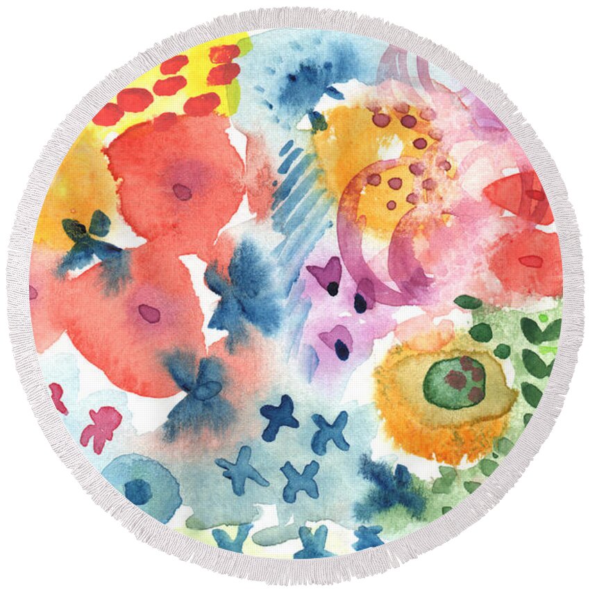 Watercolor Round Beach Towel featuring the painting Watercolor Garden by Linda Woods