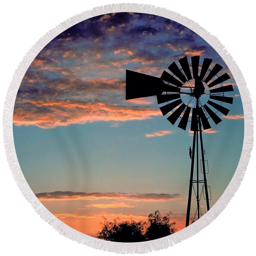 Windmill Round Beach Towel featuring the photograph Windmill at Dawn by David and Carol Kelly