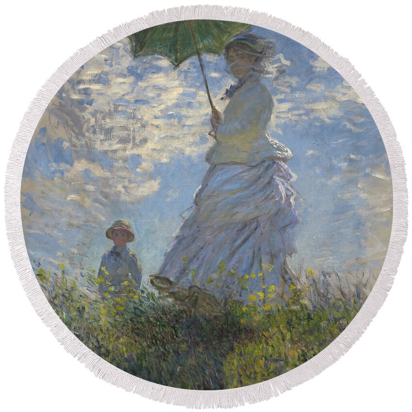Female; Male; Boy; Child; Hill; Walking; Walk; Stroll; Summer; Outdoors; Mother; Hat; Impressionist; Artists Round Beach Towel featuring the painting Woman with a Parasol Madame Monet and Her Son by Claude Monet