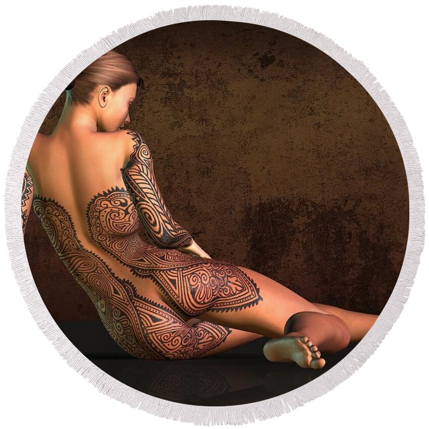 Tattooed Nude Round Beach Towel featuring the digital art Tattooed Nude 4 #1 by Kaylee Mason