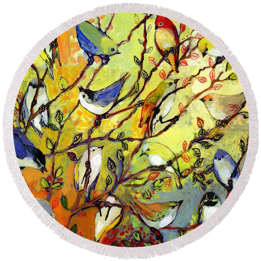 Bird Round Beach Towel featuring the painting 16 Birds by Jennifer Lommers