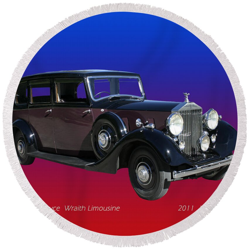 A Photograph Of The 1938 Rolls Royce Wraith Limousine By Jack Pumphrey Which Features An Independent Coil Sprung Front Suspension Based On A Packard 120 Retaining Semi Elliptical Leaf Springs On The Rear Axle Round Beach Towel featuring the photograph 1938 Rolls Royce Limousine by Jack Pumphrey