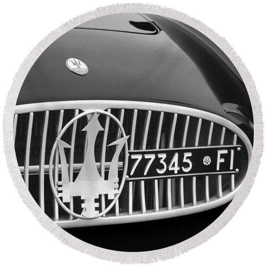 1955 Maserati A6gcs Roadster Grille Emblem Round Beach Towel featuring the photograph 1955 Maserati A6GCS Roadster Grille Emblem by Jill Reger