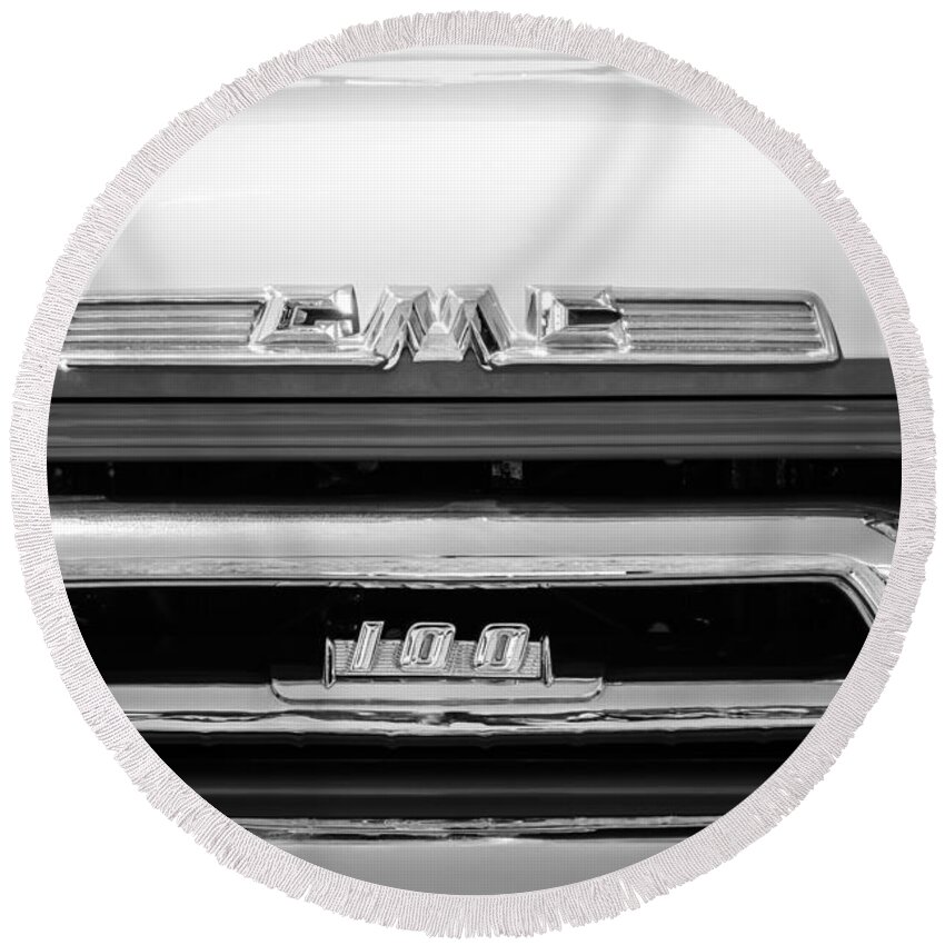 1958 Gmc Series 101-s Pickup Truck Grille Emblem Round Beach Towel featuring the photograph 1958 GMC Series 101-S Pickup Truck Grille Emblem by Jill Reger