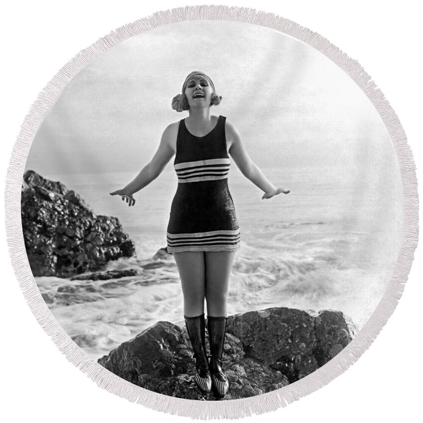 1922 Round Beach Towel featuring the photograph A Flapper In Her Bathing Suit #1 by Underwood Archives