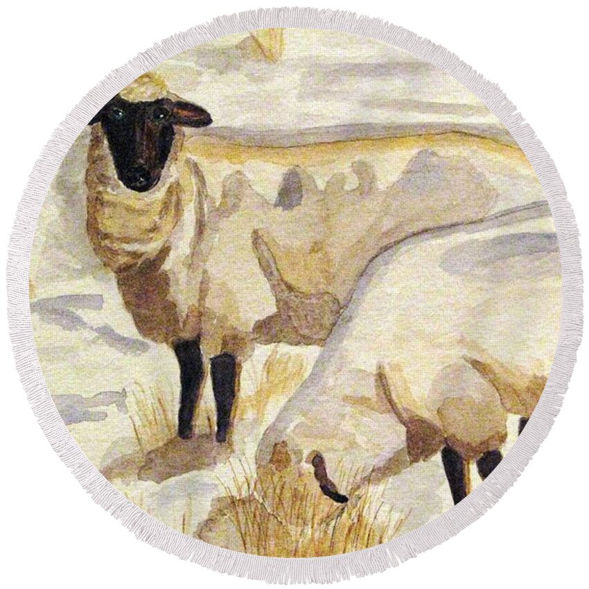 Ewes Round Beach Towel featuring the painting A Peaceful Winter by Angela Davies