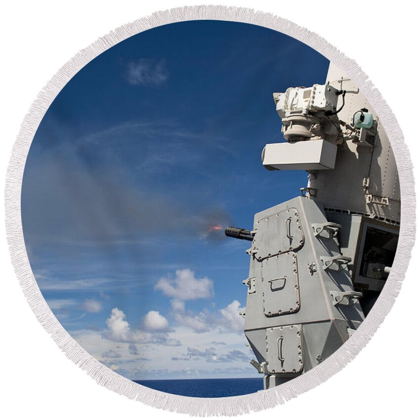 Close-in Weapon System Round Beach Towel featuring the photograph A Phalanx Close-in Weapons System #1 by Stocktrek Images