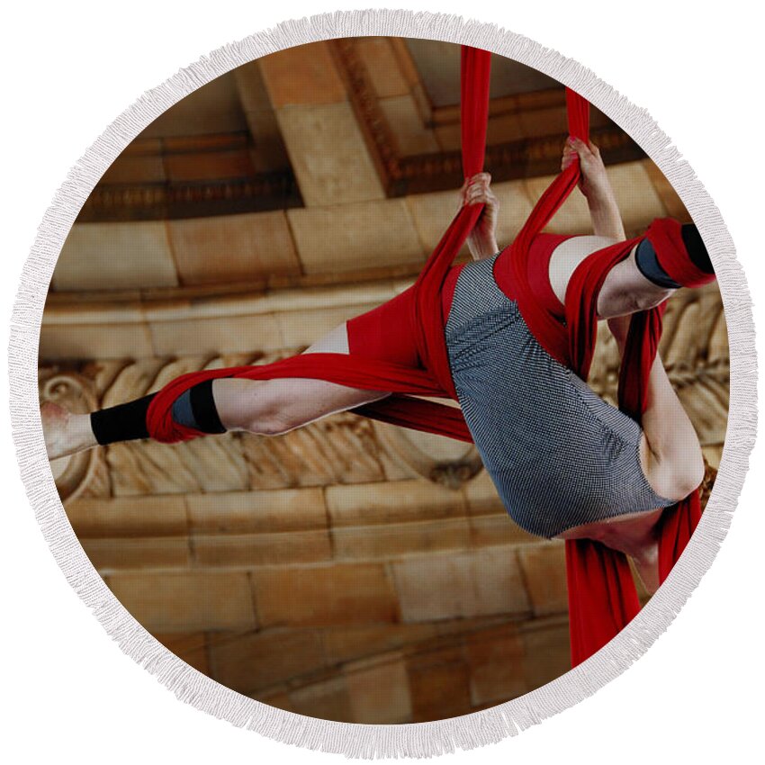 50 States In 50 Days Round Beach Towel featuring the photograph Aerial Ribbon Performer at Pennsylvanian Grand Rotunda #1 by Amy Cicconi