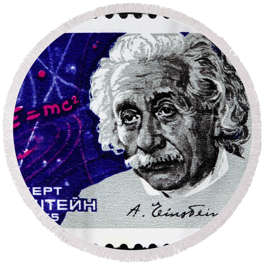 Albert Einstein Round Beach Towel featuring the photograph Albert Einstein Stamp by GIPhotoStock