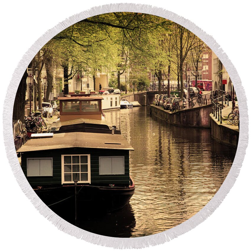 Amsterdam Round Beach Towel featuring the photograph Amsterdam romantic canal #1 by Michal Bednarek