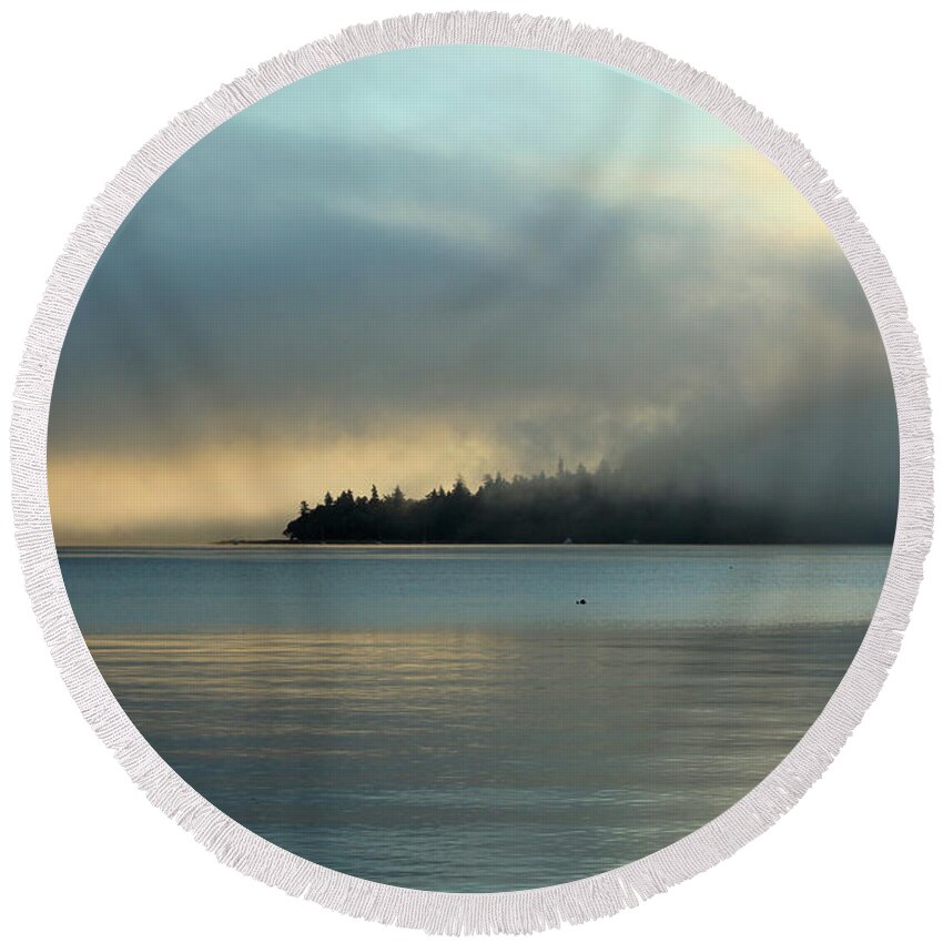 Sunrise Round Beach Towel featuring the photograph An Island in Fog by E Faithe Lester