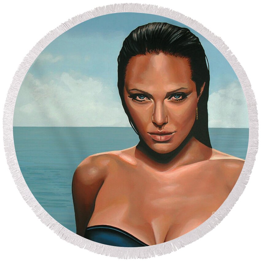 Angelina Jolie Round Beach Towel featuring the painting Angelina Jolie by Paul Meijering