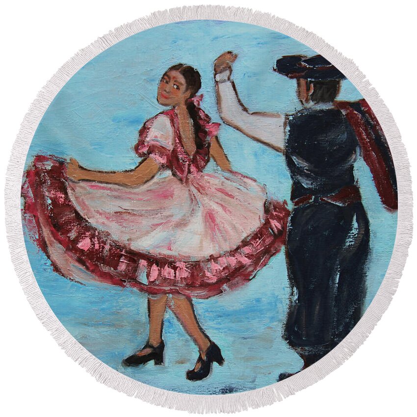 South America Round Beach Towel featuring the painting Argentinian Folk Dance by Xueling Zou