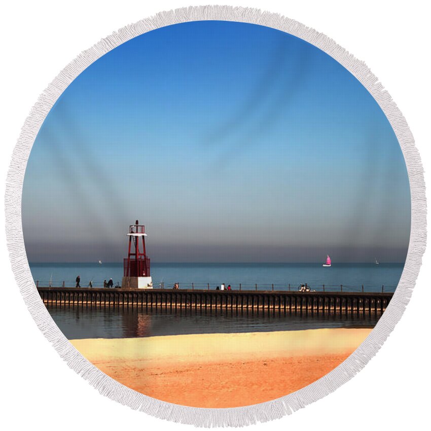 Lake Round Beach Towel featuring the photograph Autumn at the Beach by Milena Ilieva